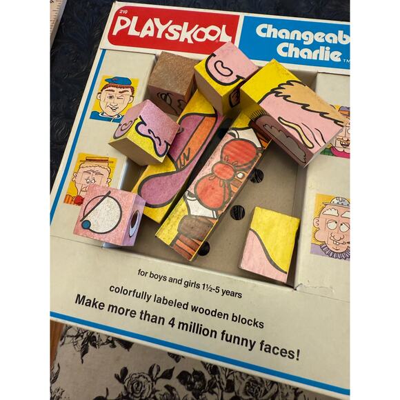 Vintage 1970s Playskool Changeable Charlie Wooden Block Faces Puzzle Toy Kit - Picture 3 of 5